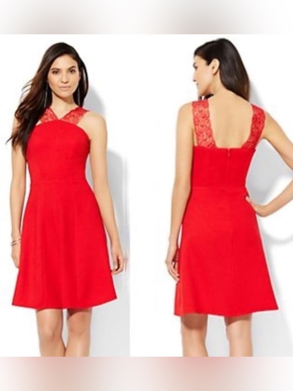 New York & Company Stretch Red Lace-Shoulder Fit-and-Flare Dress
